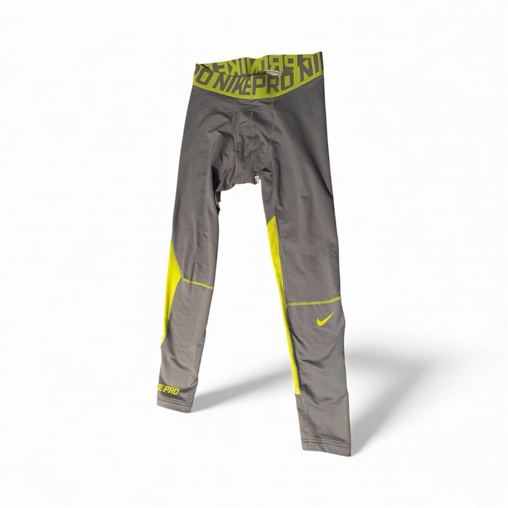 Nike Pro Hyperwarm Compression Gray and Neon Yellow Leggings Size Large